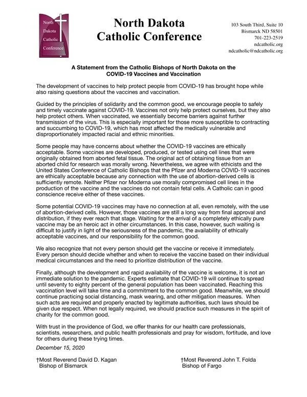 Bishops of ND on COVID Vaccines on Dec 15 2020 