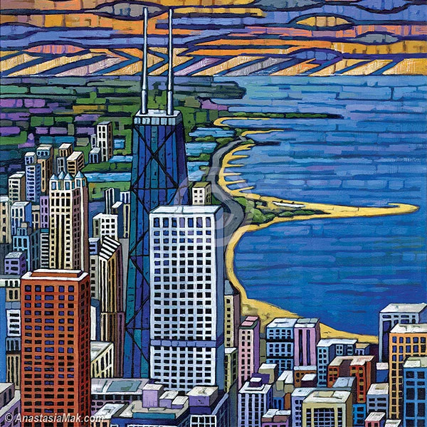 Anastasia Mak Art My paintings are inspired by destinations. They originate from photos and sketches that I capture while traveling, or exploring Chicago. They combine bright colors and abstract / geometrical forms with compositions containing buildings, trees, or landscapes — Anastasia Mak www.anastasiamak.com