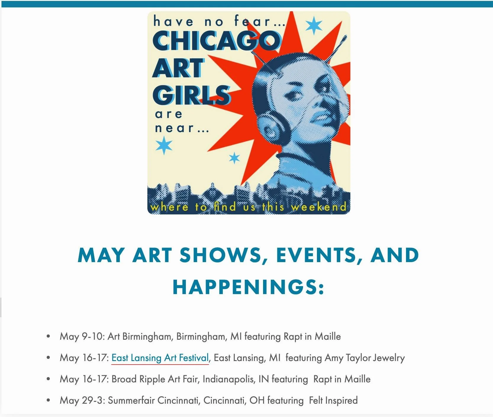 Where to find us in May!  June events will be up in the next couple weeks. 
https://www.chicagoartgirls.com/artist-events-and-happening