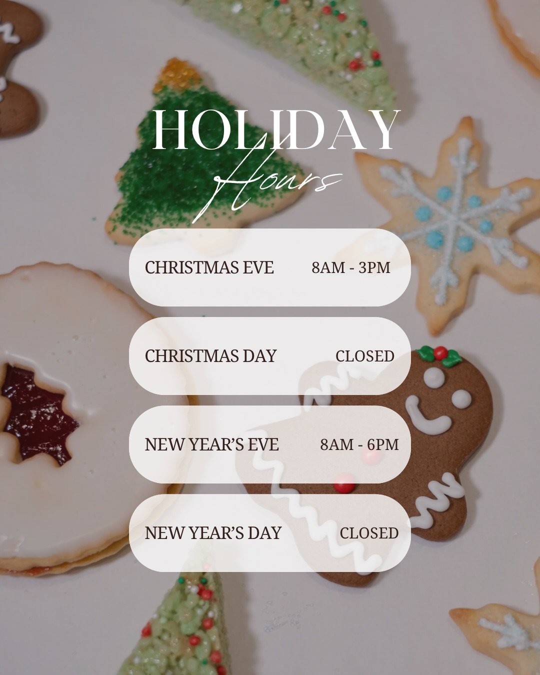 A little Holiday Hours reminder from us. 🎄

Don&rsquo;t forget to pickup your pre-orders before we close so you&rsquo;re all set for Christmas! ✨

Closing early on Christmas Eve + closed on Christmas Day to spend time with our loved ones! Wishing yo