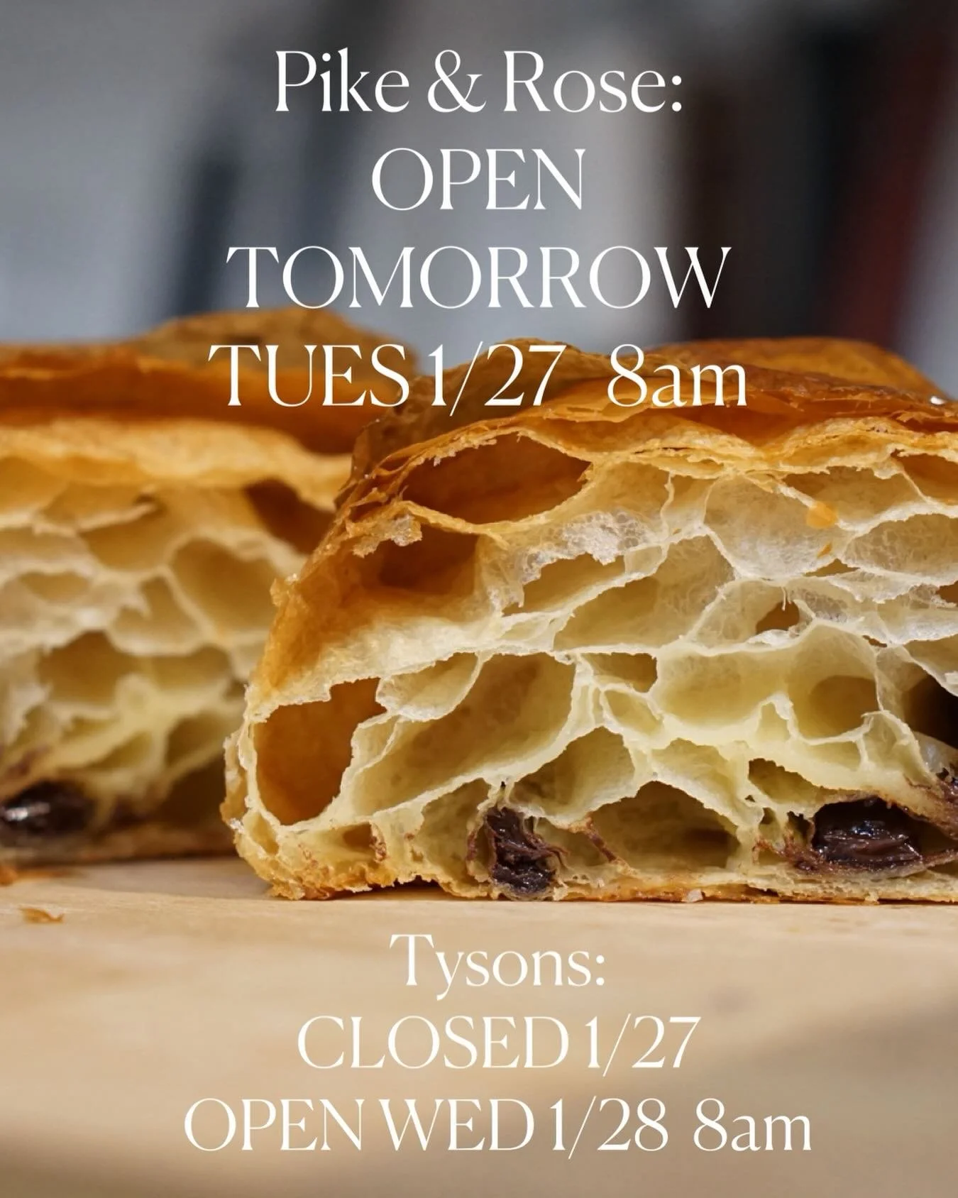 Weather Update: We will be open at Pike &amp; Rose tomorrow, Tues 1/27 at 8am. Thank you for your patience and we hope everyone has been staying safe and warm! Looking forward to serving you tomorrow ☕️

Tysons location will be closed tomorrow and re