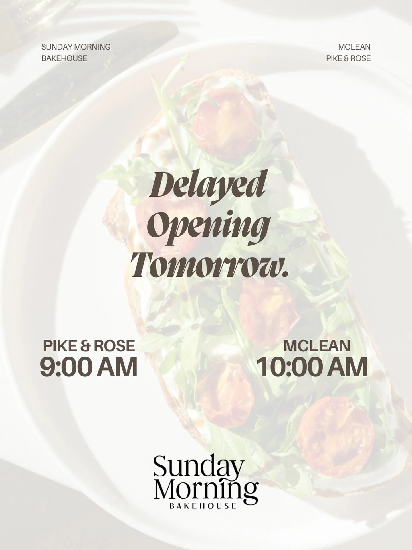 Due to the weather conditions, we&rsquo;ll be opening a little later tomorrow!
Thank you so much for your patience and understanding. Stay safe and we&rsquo;ll keep you warm with our pastries and drinks. ☕️🥐 

9AM &mdash; Pike &amp; Rose
10AM &mdash