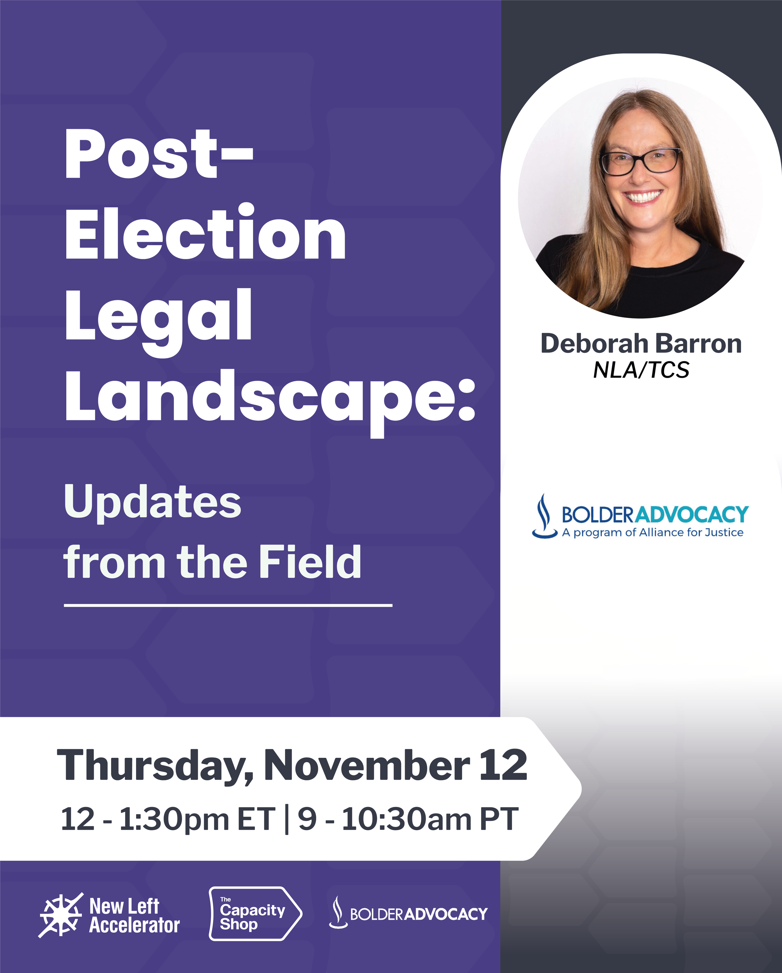 Purple and gray graphic with headshot of speaker, Bolder Advocacy logo, and white text that reads Post-Election Legal Landscape: Updates from the Field