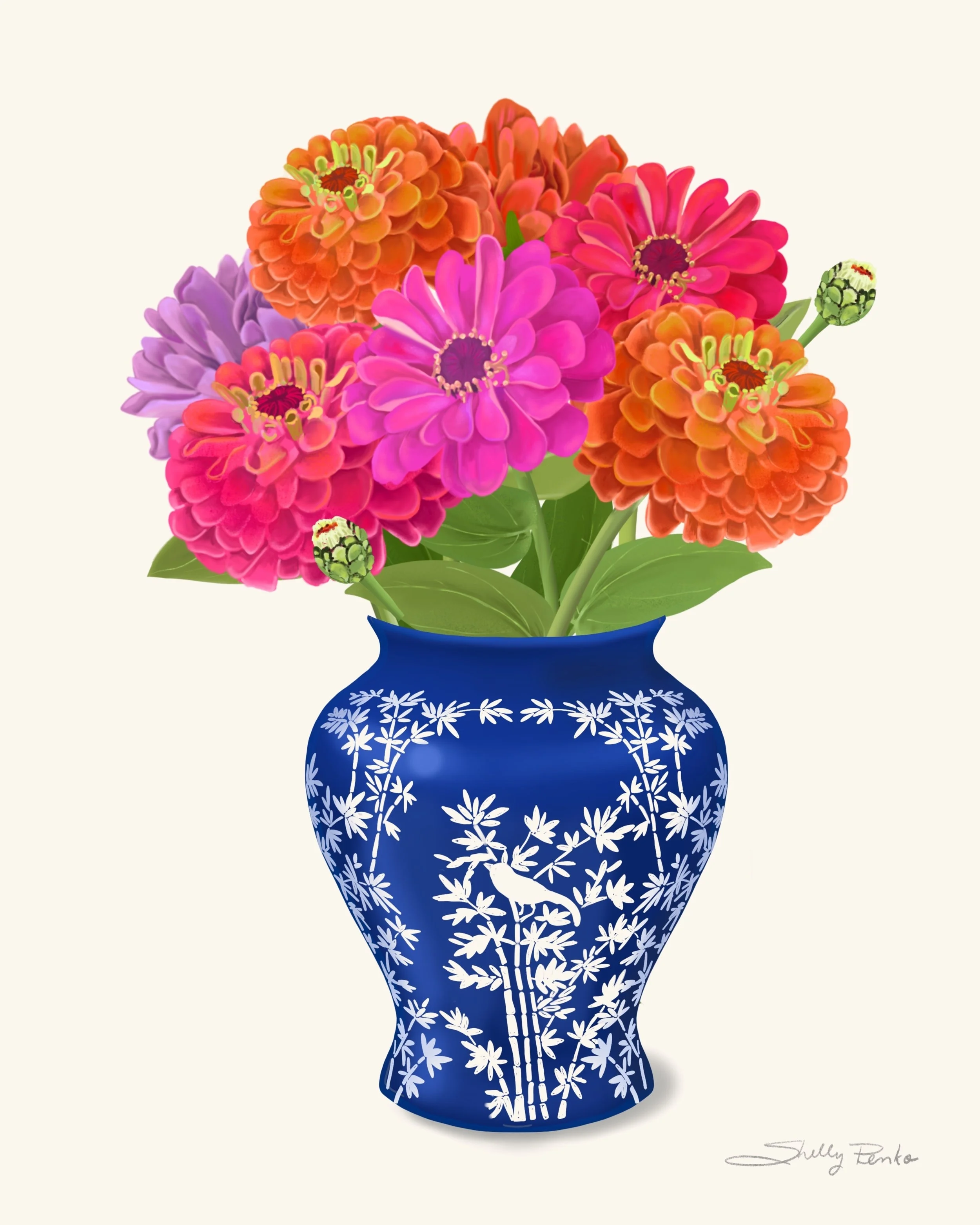 Chinoiserie Blue and White Vase with Zinnias