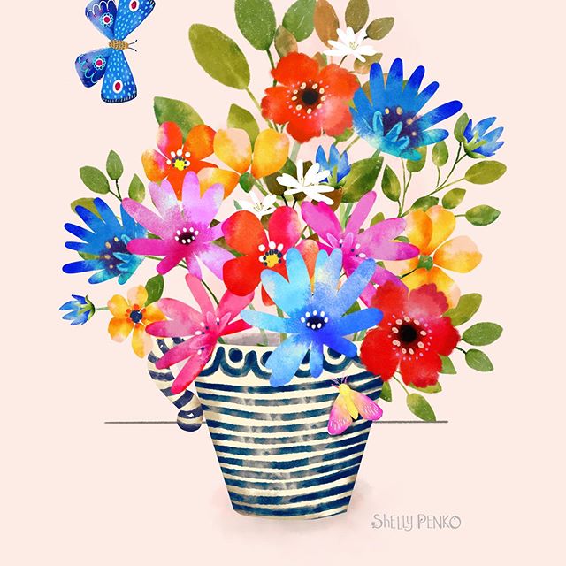 This morning I did some tweaking to this piece.  What do you think, light background or dark?  @victoriajohnsondesign #butterflies🦋 #illustratorsoninstagram #floralart #createcollections #shellypenko #birdsbutterfliesandblooms #procreate