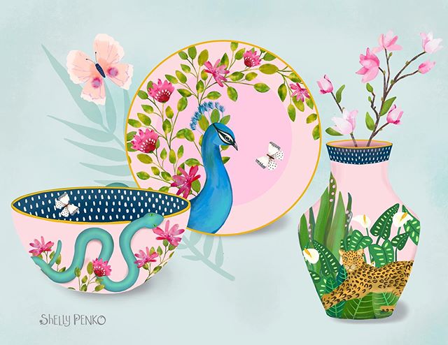 Taking Mats Home Decor Plus and having so much fun imagining some pretty tropical chinoiserie home products!  #matshomedecor #matshomedecorplus #margotantau #shellypenko #surfacepatterndesign #homedecor #peacock #leopard #tropicaldesign #chinoiserie