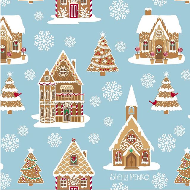 Gingerbread houses 🎄 for #Spoonflower this week.  So many beautiful designs this round!  It&rsquo;s making me excited for Christmas!  #gingerbreadhouses #shellypenko #christmasart #holidaydecor #fabricdesign #surfacedesign #surfacepatterndesign