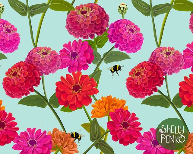 One of my very first patterns was a zinnia and bumblebee design!  I revisited that theme with this week&rsquo;s Spoonflower entry!  I don&rsquo;t think I&rsquo;ll ever stop loving bright, cheerful, home grown zinnias and bumblebees.  They just make m