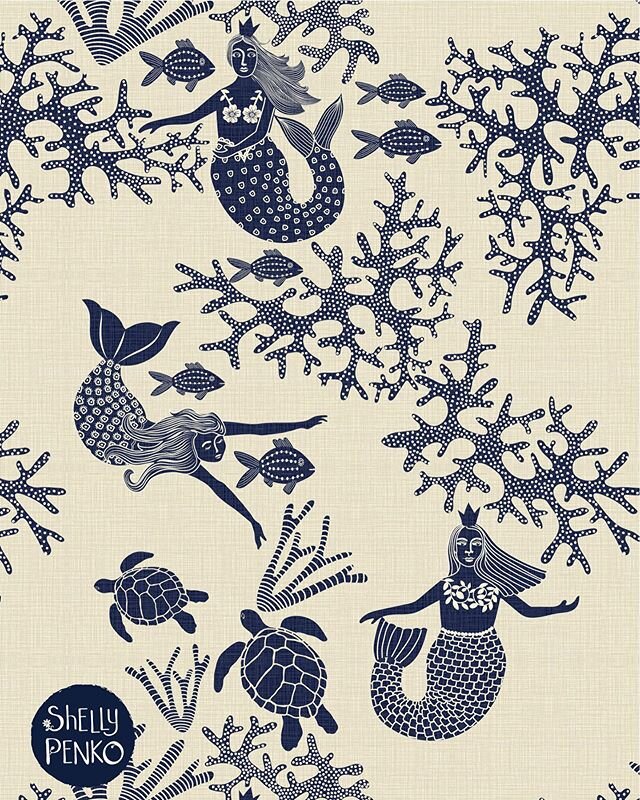Folk art mermaid 🧜&zwj;♀️ toile for Spoonflower&rsquo;s challenge &ldquo;Off the Wall Toile&rdquo; this week.  Really fun working with just two colors and focusing on texture!  #spoonflower #spoonflowerwallpaper #mermaid #ocean #sea #nautical #seatu
