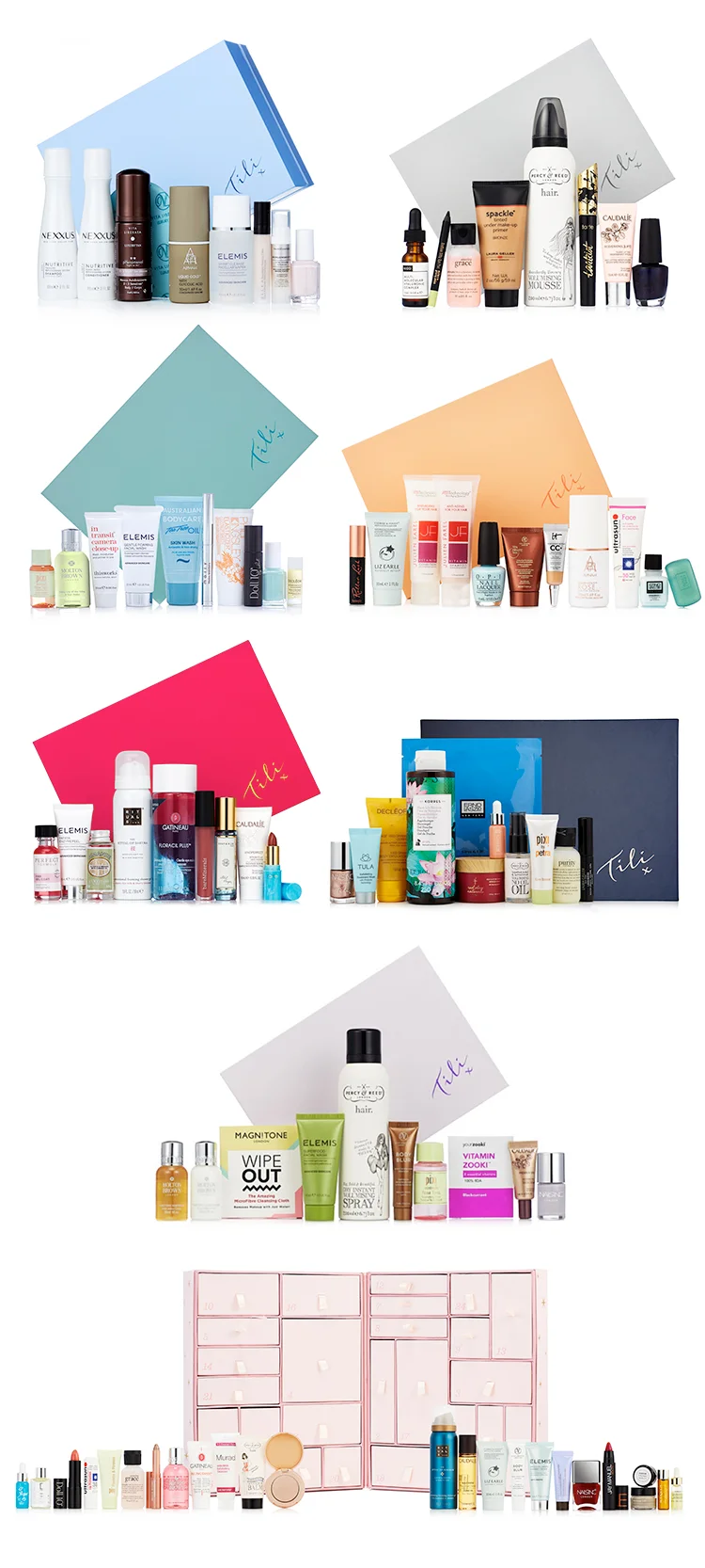 Product detail shots of all seven boxes plus the advent calendar