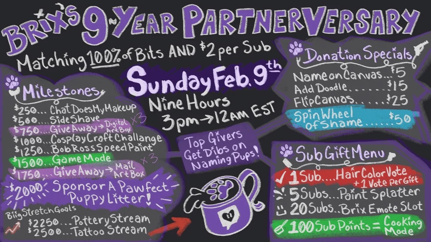 Twitch.tv/brixbri 💜 9 Years?! It's been one heck of a journey, and what got me into streaming, was charity. I return for my partner-versary to chat, make art, and hopefully make you laugh! The world's weird right now and I would like to get back to 