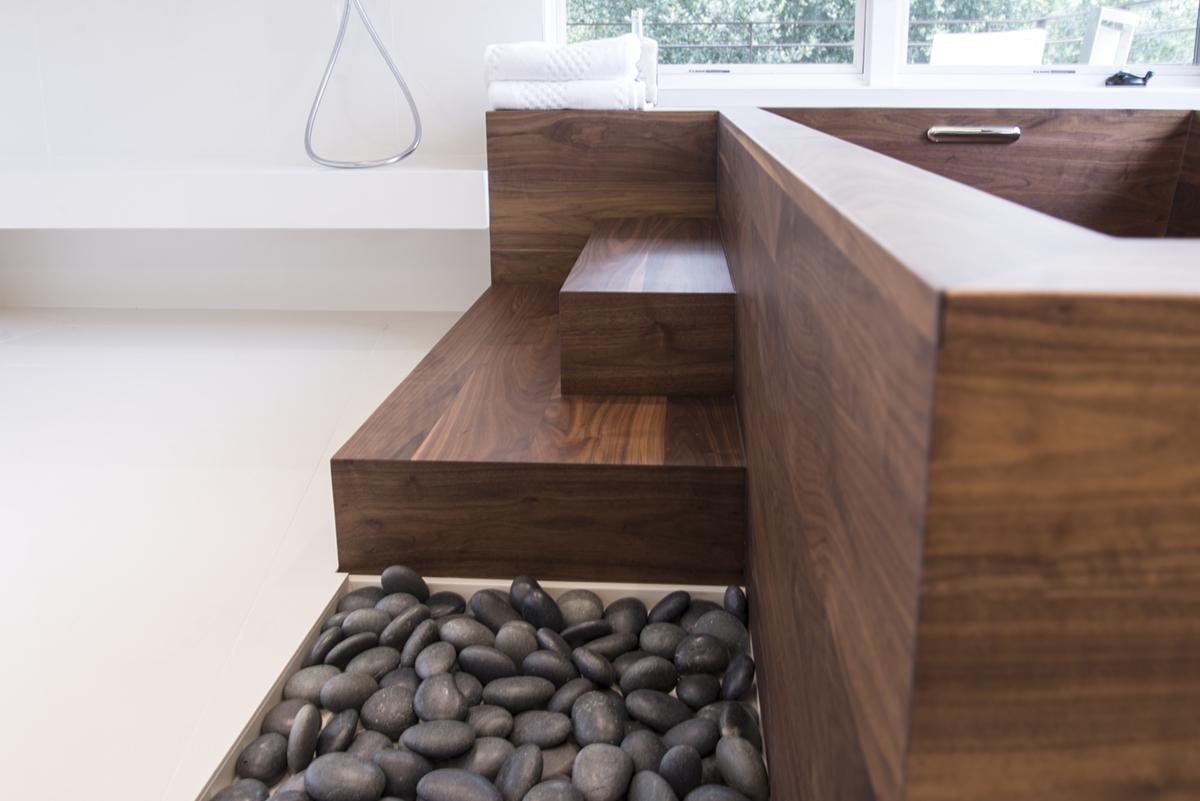 detail wood bathtub made with walnut