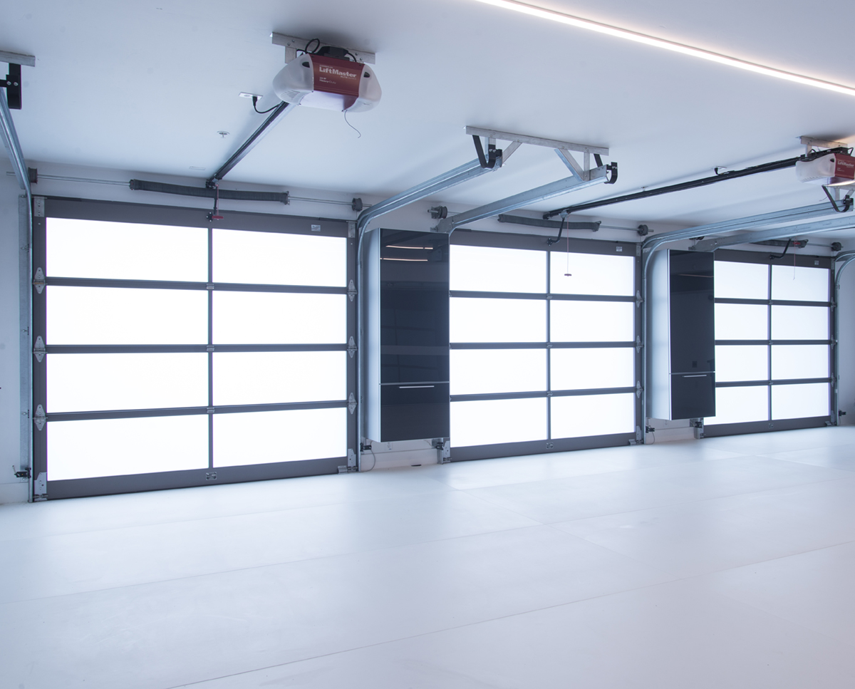 garage with white floor and glass doors