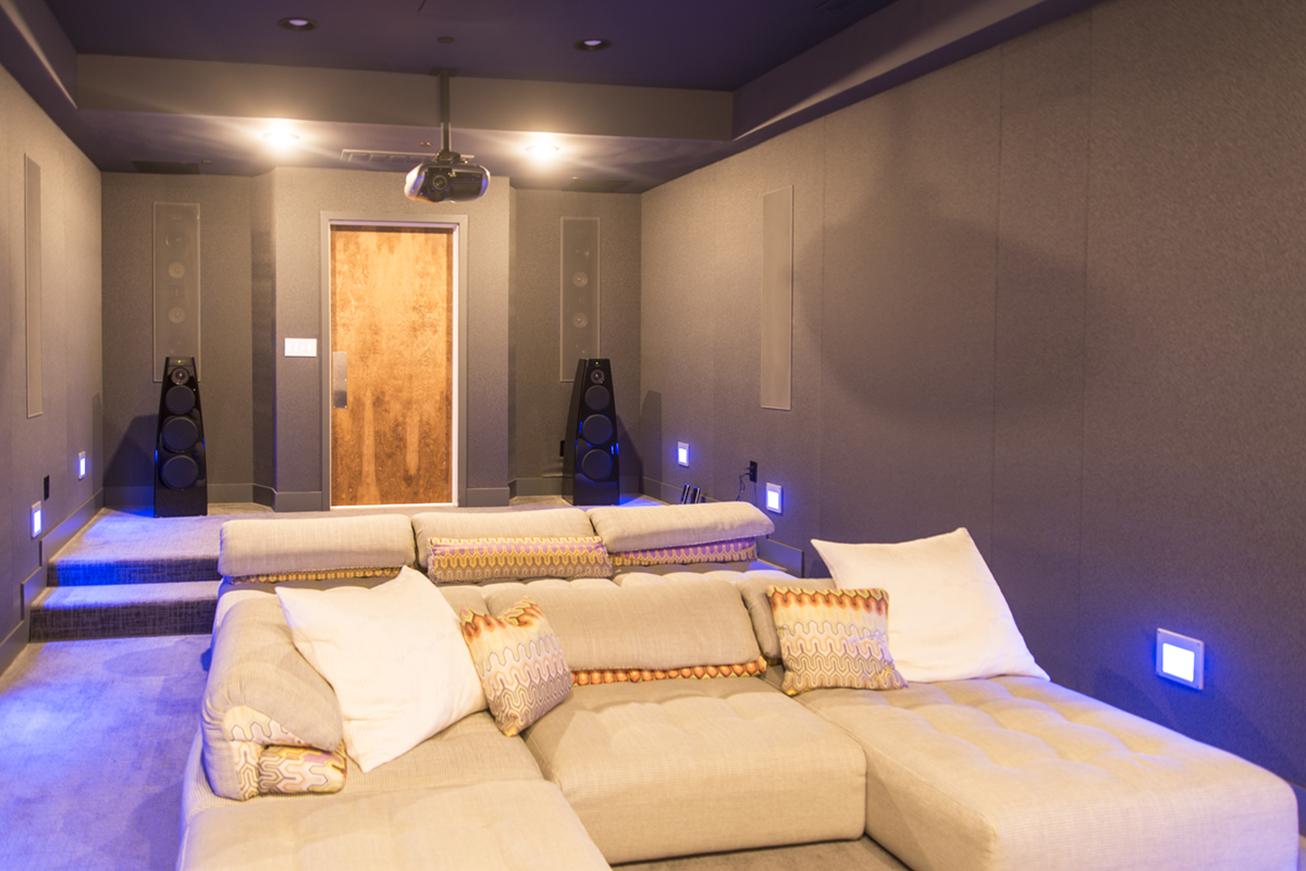 home theatre sofas and black walls