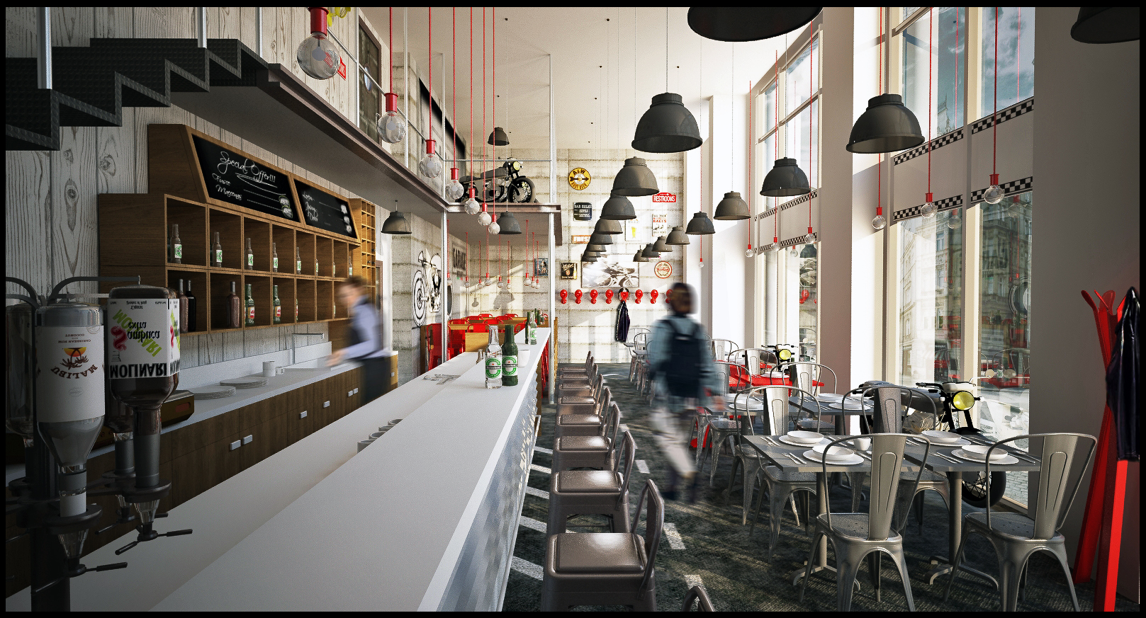 modern restaurant bar with chairs, tables and black pendant lights