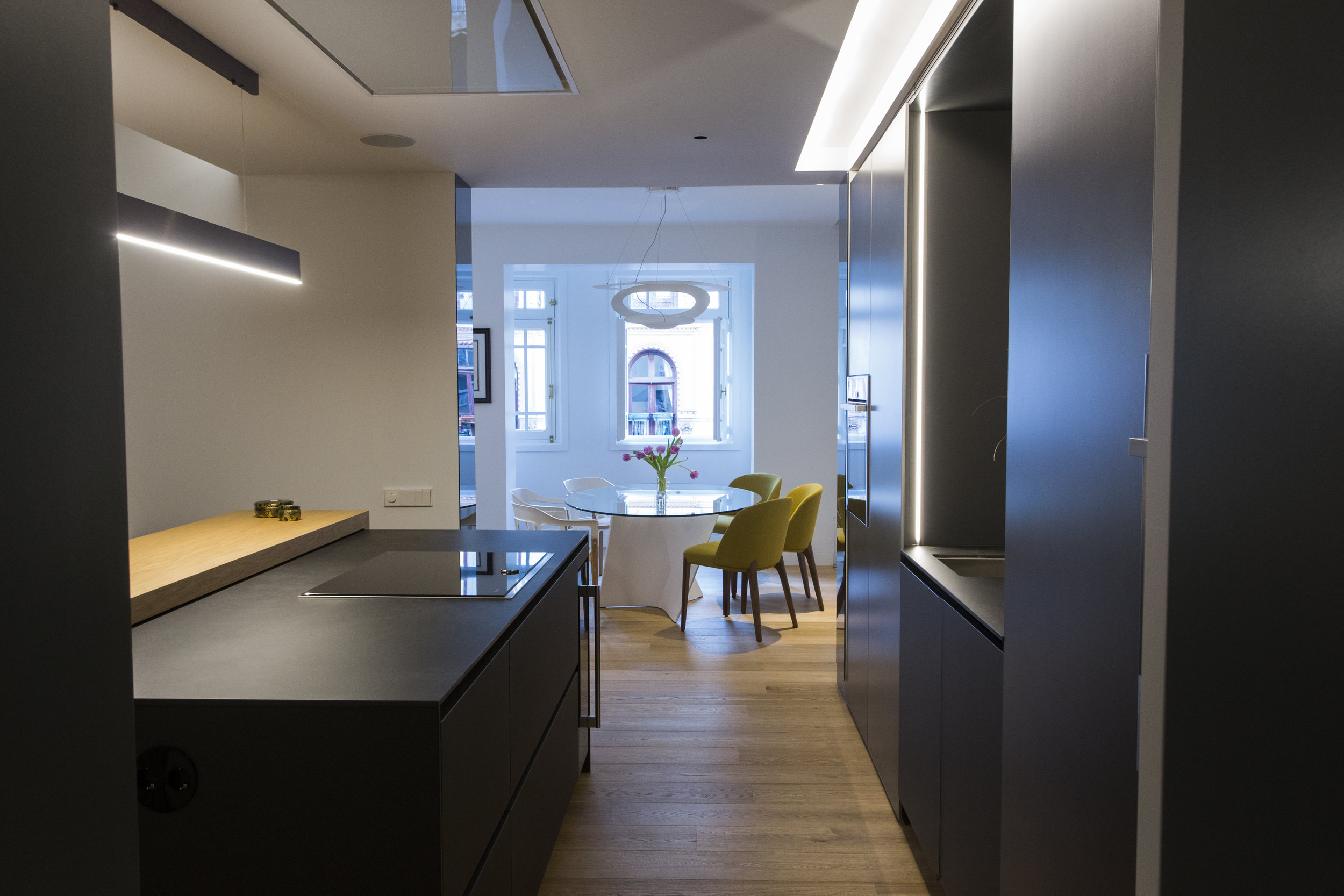side view kitchen with dining room