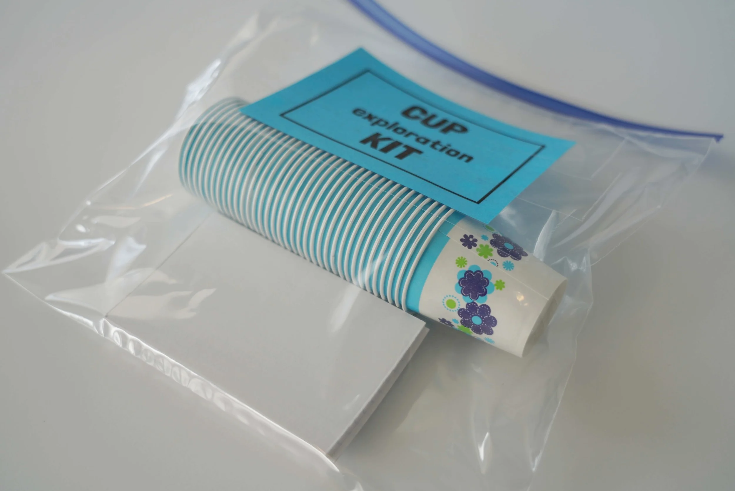 One of the kits, with paper cups and index cards.