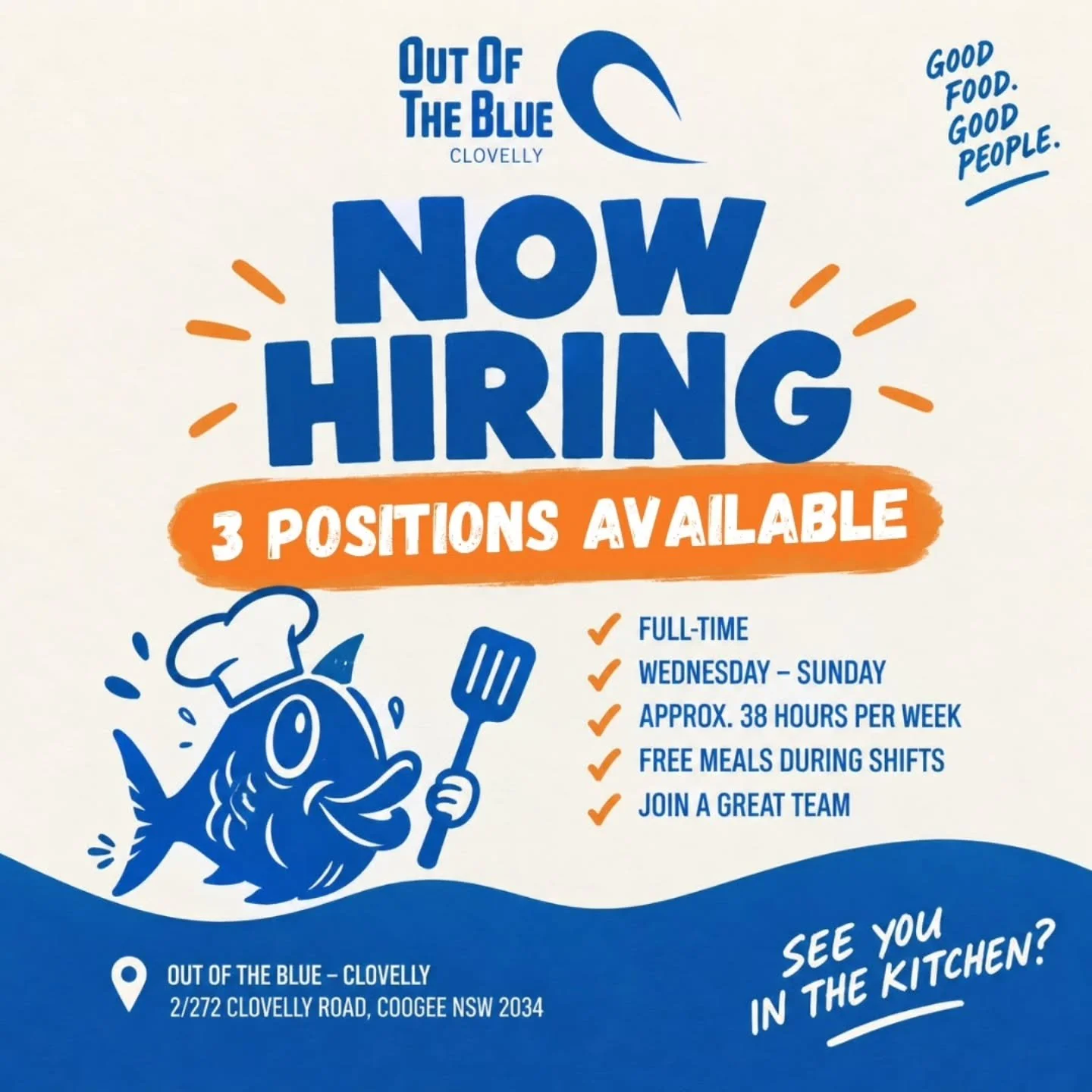 We&rsquo;re growing the OTB crew 💙🐟

We&rsquo;ve got 3 positions up for grabs and we&rsquo;re looking for good people to join our team in Clovelly.

If you&rsquo;re reliable, love working with people and can handle the pace when things get busy, we
