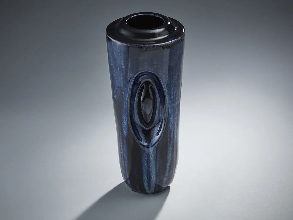 Striated Deep Blue Slender Vase With Oval Applications, image 8.jpg