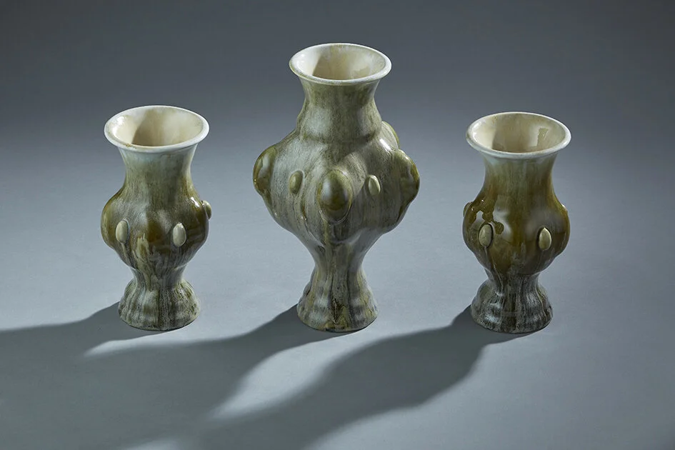 Violante Lodolo Doria, Tan Green Garniture of Three Vases, Central Vase W17xH30 cm, Lateral Vases W11xH22 cm, Image 2.jpg