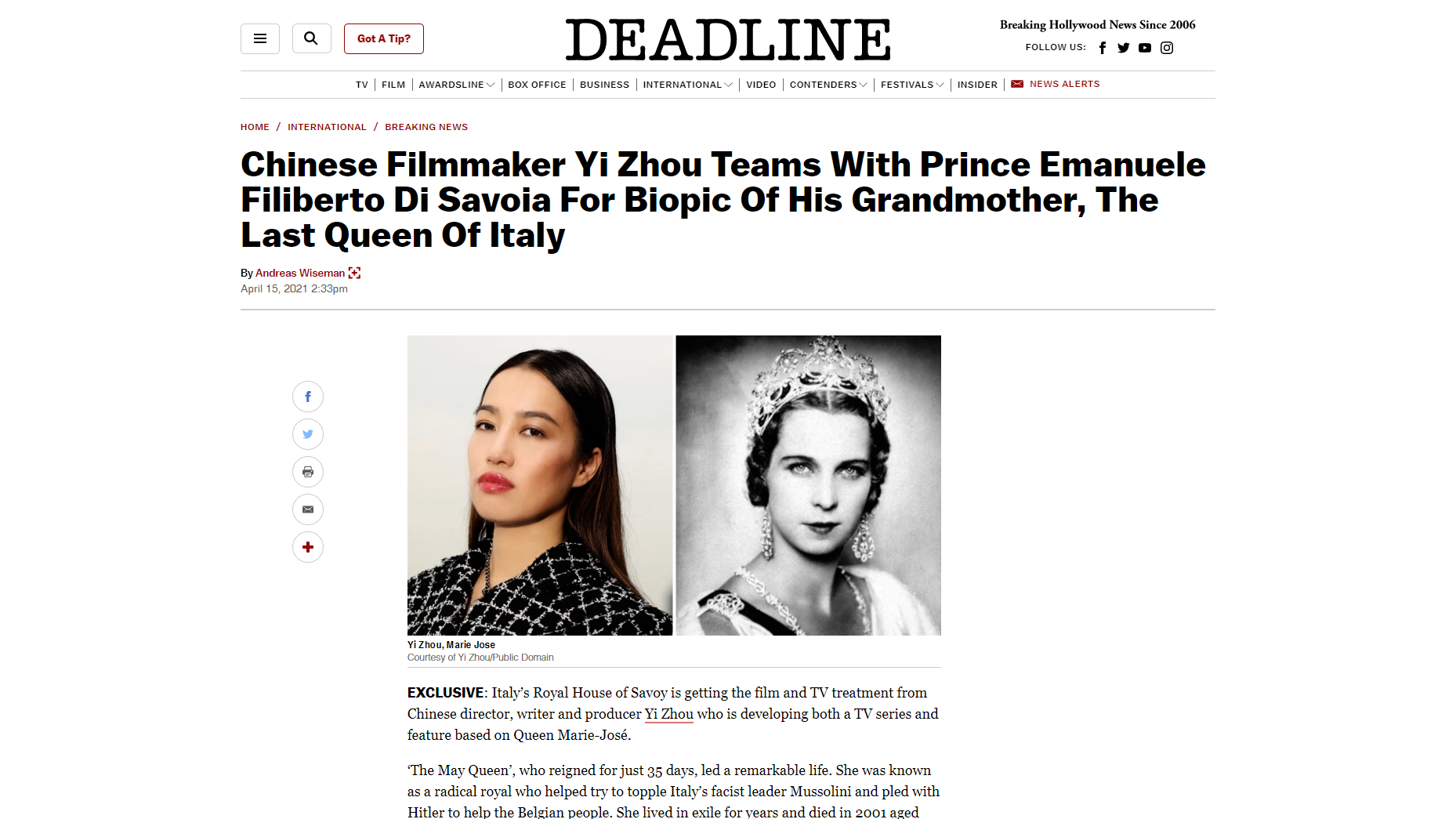 Deadline - Chinese Filmmaker Yi Zhou Teams With Prince Emanuele Filiberto Di Savoia For Biopic Of His Grandmother, The Last Queen Of Italy