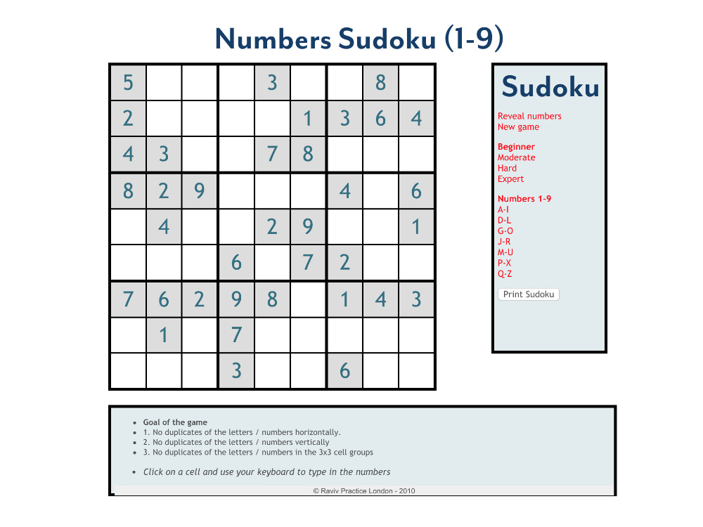 Number Sudoku (9x9)