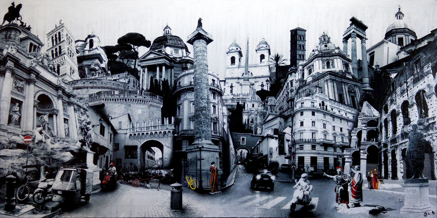 “Rome 1”, 2012, by Denise Buisman Pilger. Mixed media on wood, 24” x 48”. Copyright © 2012 Denise Buisman Pilger. Used by permission of the artist.