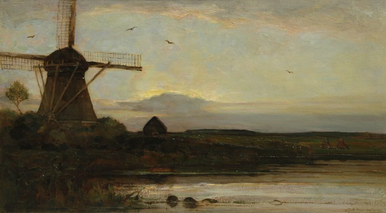 De Oostzijdse Molen bij ondergaande zon aan het Gein. Door Piet Mondriaan