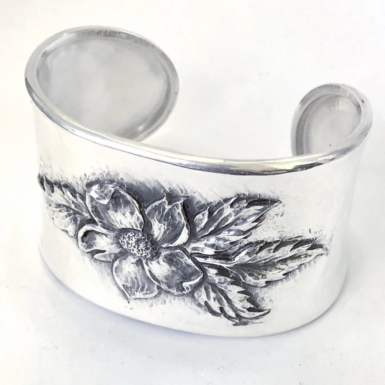 Silver Cuff Bracelet with Wild Rose