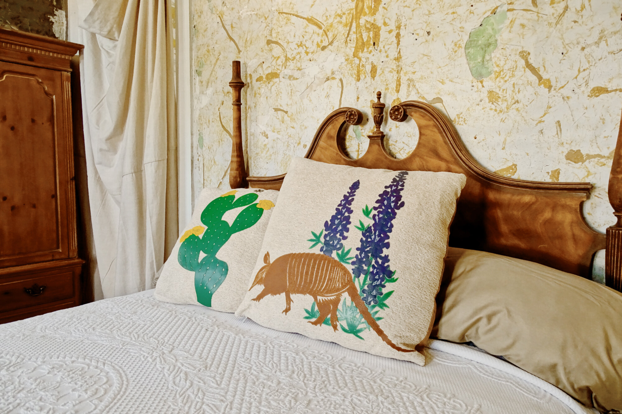 armadillo in the bluebonnets + prickly pear cushions