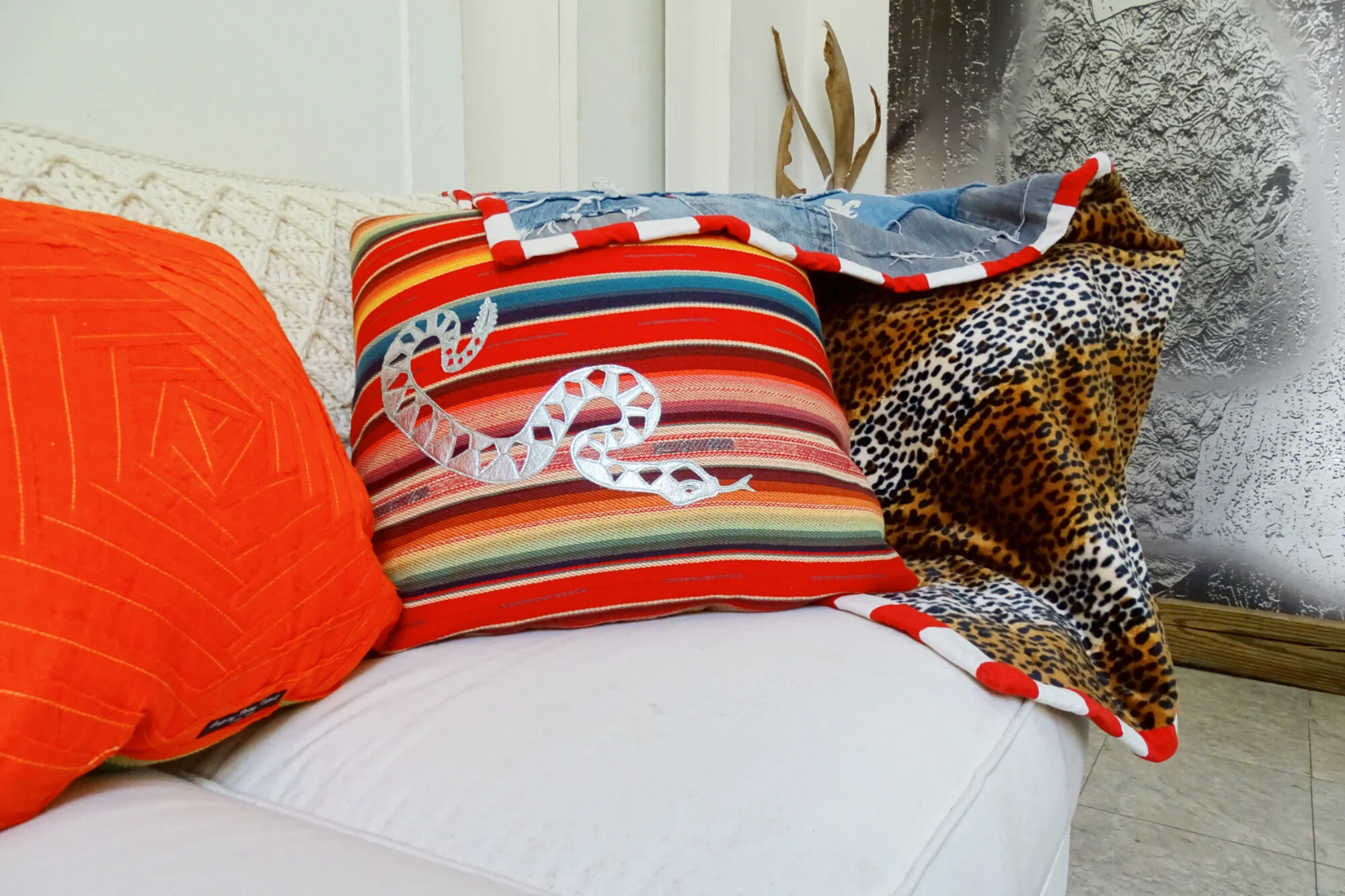rattlesnake + bandage cushions + fleur de lis quilt