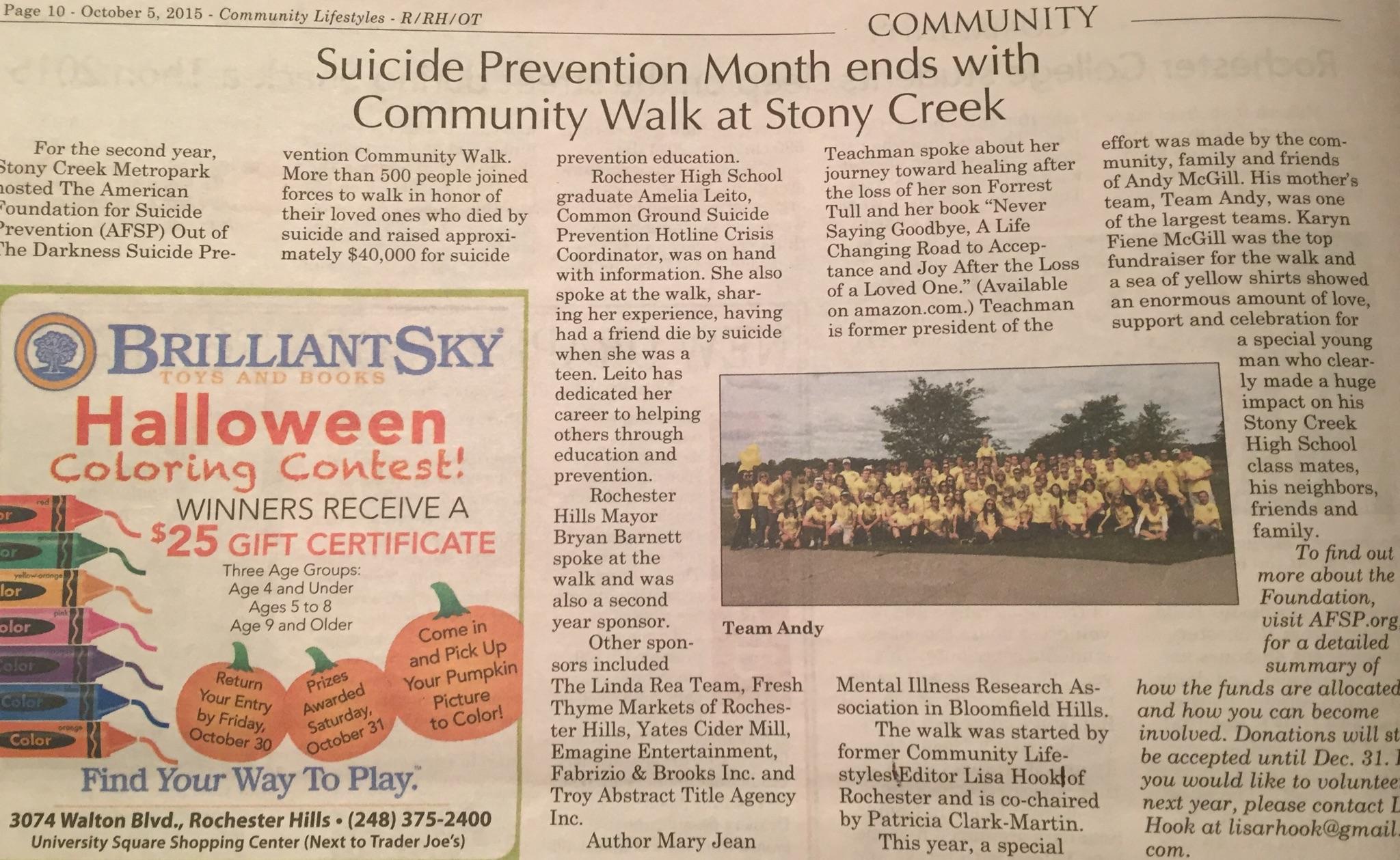 Suicide Prevention Month ends with Community Walk at Stony Creek