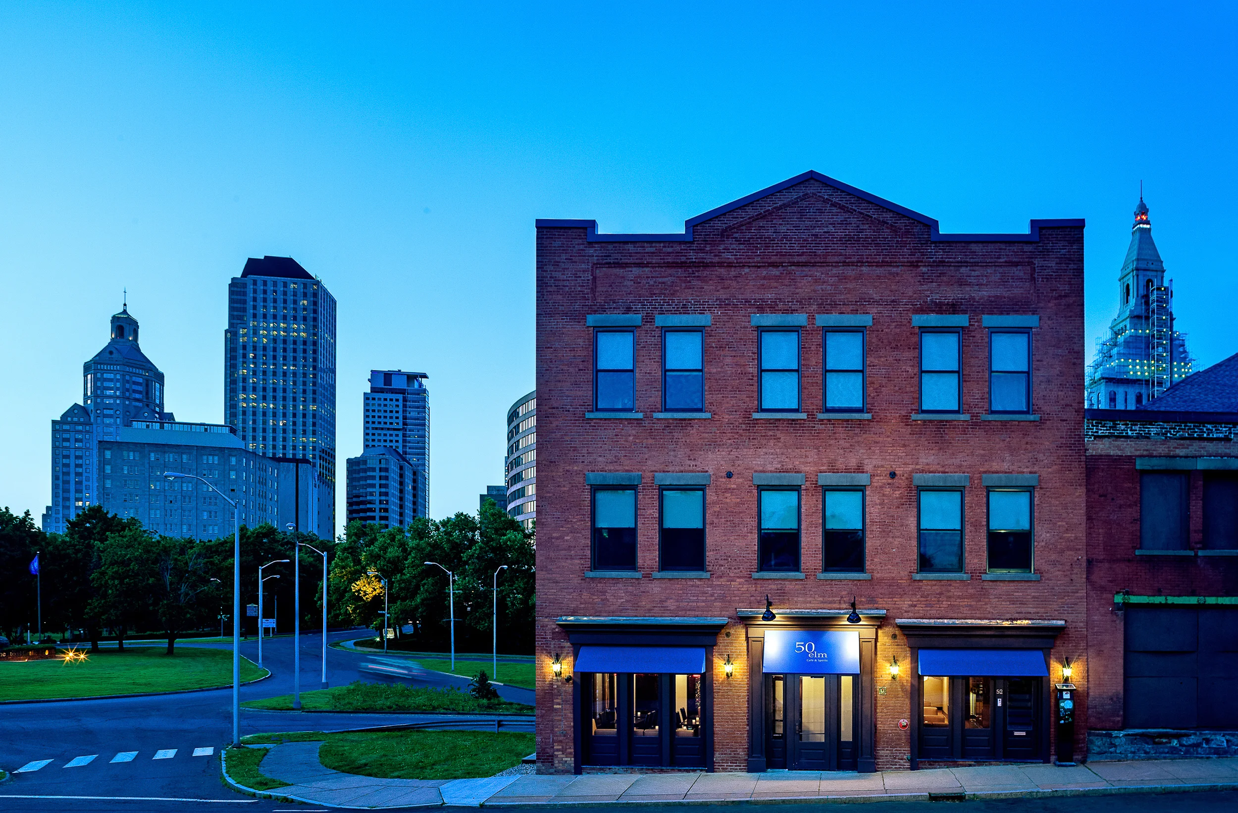 Hartford skyline and 50 Elm Cafe & Spirits, Hartford, CT. Architectural design by John Emerson Washington, Architect.