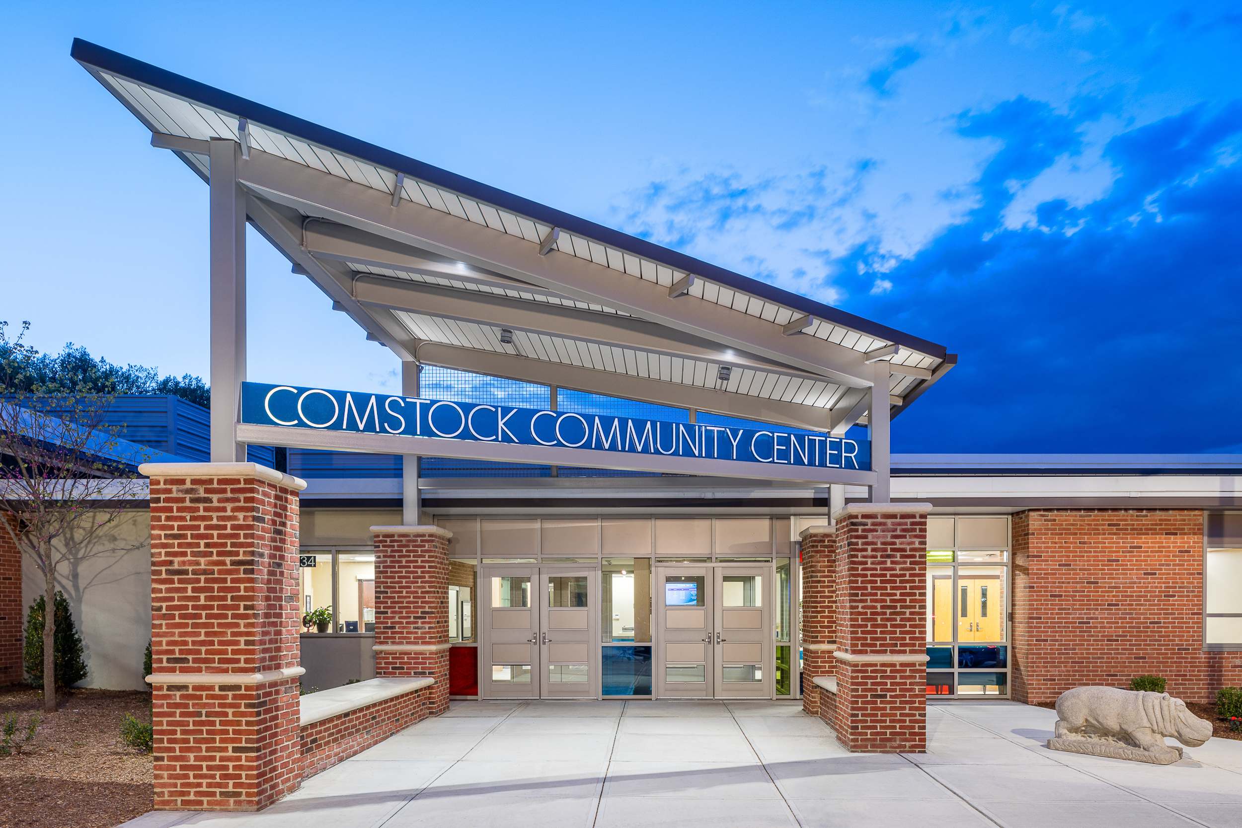 Main entrance to Comstock Community Center, Wilton CT. 
