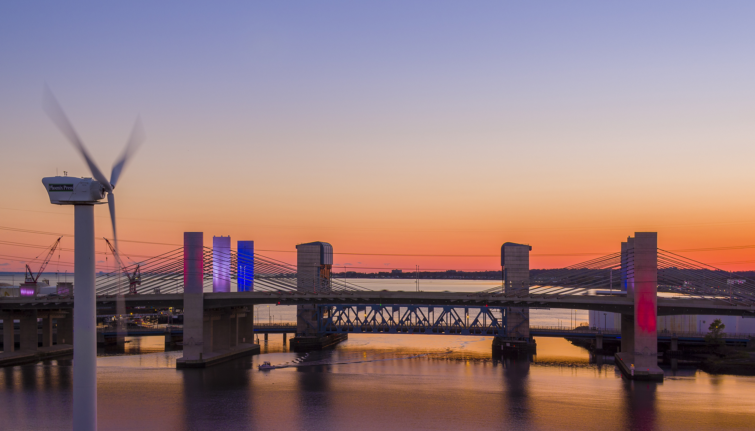 Veteran's Day drone aerial of Wind Turbine &amp; Pearl Harbor Memorial bridge in New Haven, CT. 