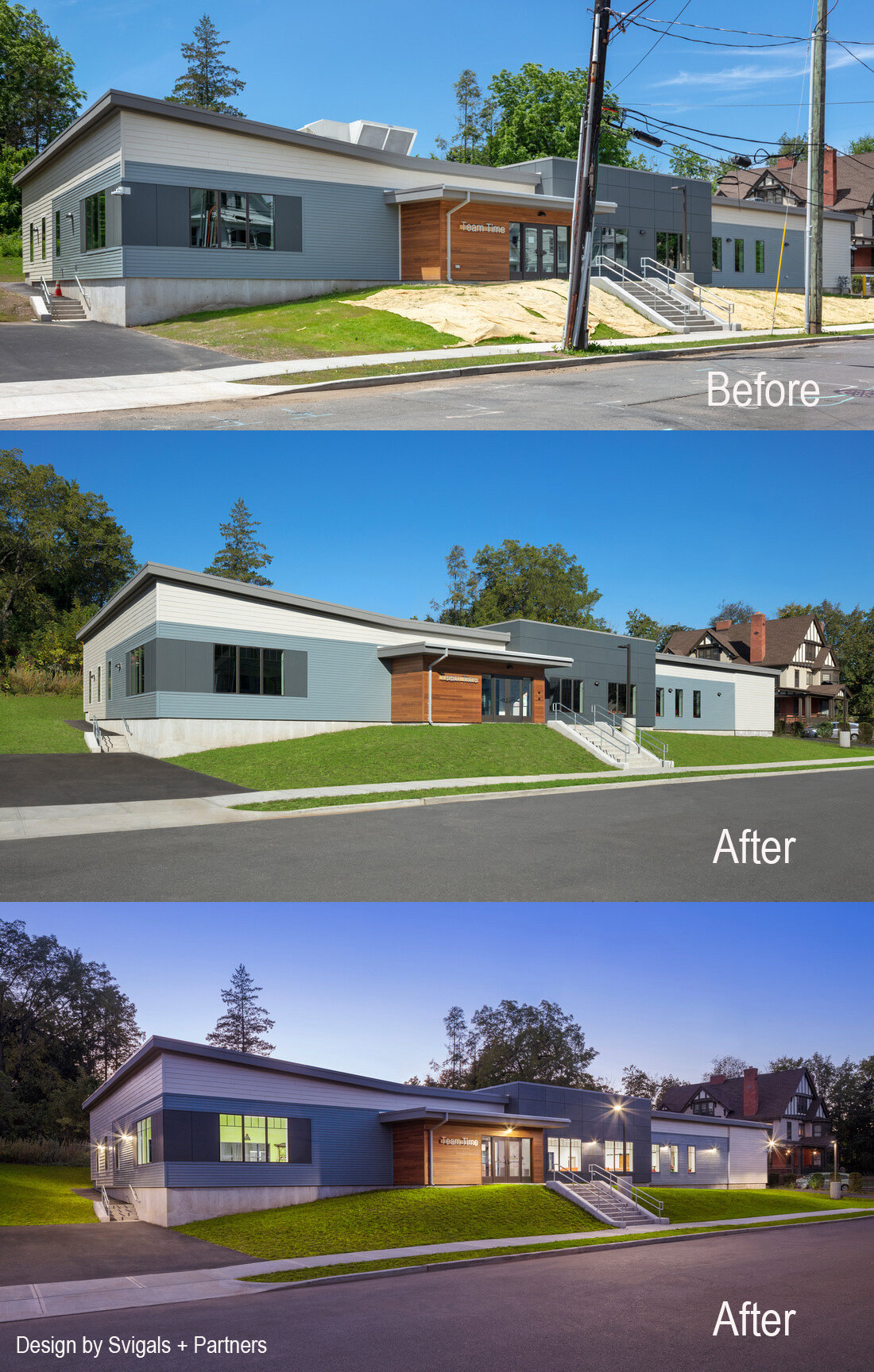 CMHA facility - Before and after retouching of Daylight and Dusk views. Building design by Svigals + Partners 