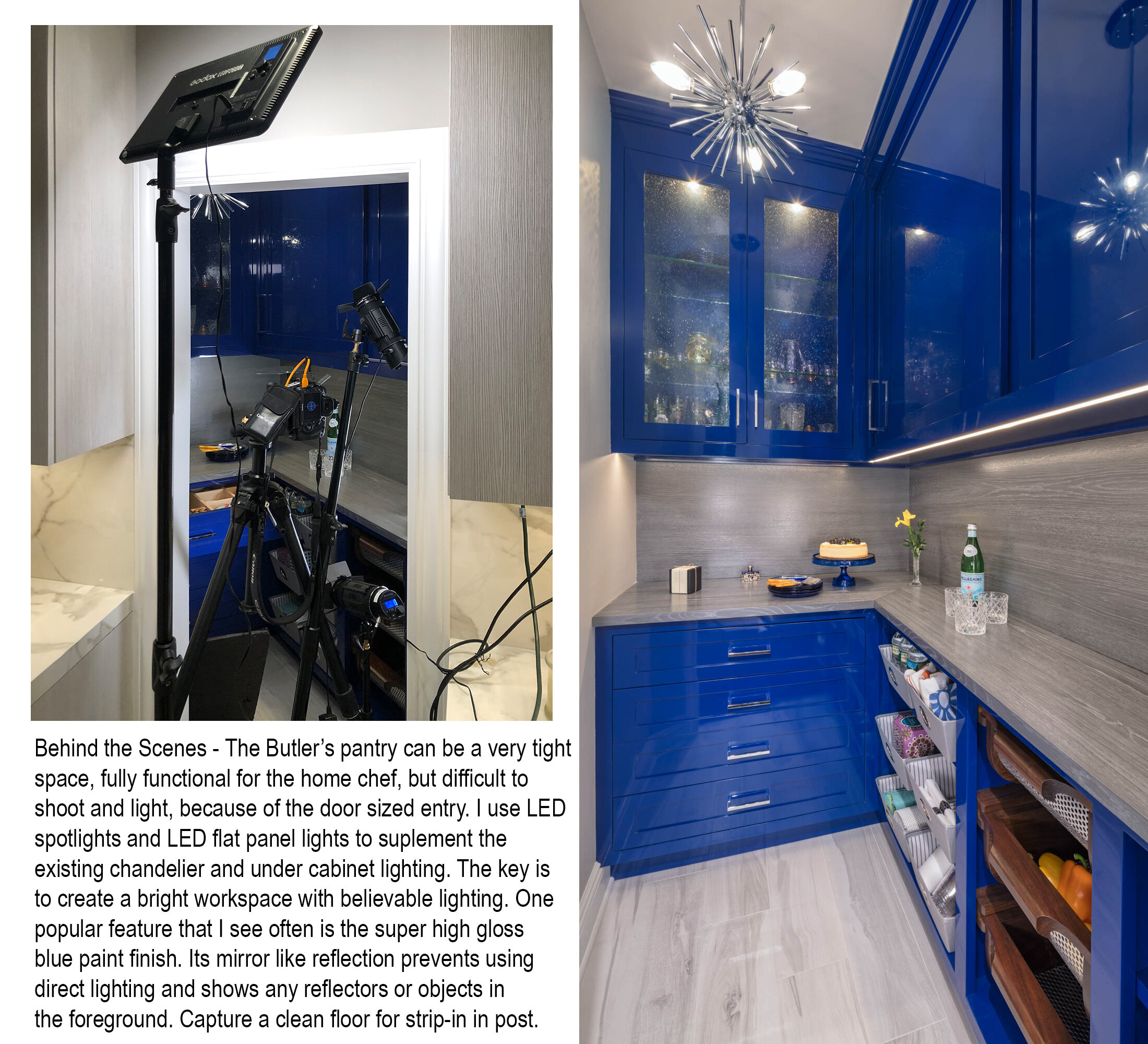 Behind The Scenes - Lighting a Butler's Pantry with high gloss blue paint.