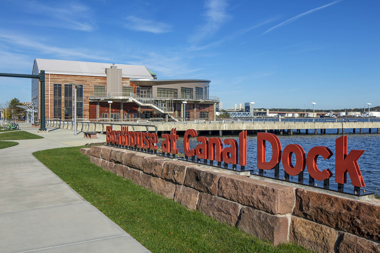 Canal Dock Boathouse with signage and base constructed from original Yale Boathouse brownstone foundation.