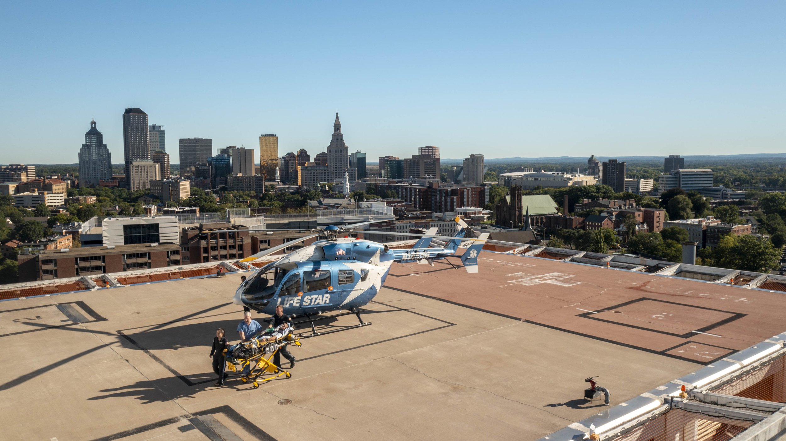 LifeStar Helicopter at Hartford Hospital Helipad - Patient transport simulation.
