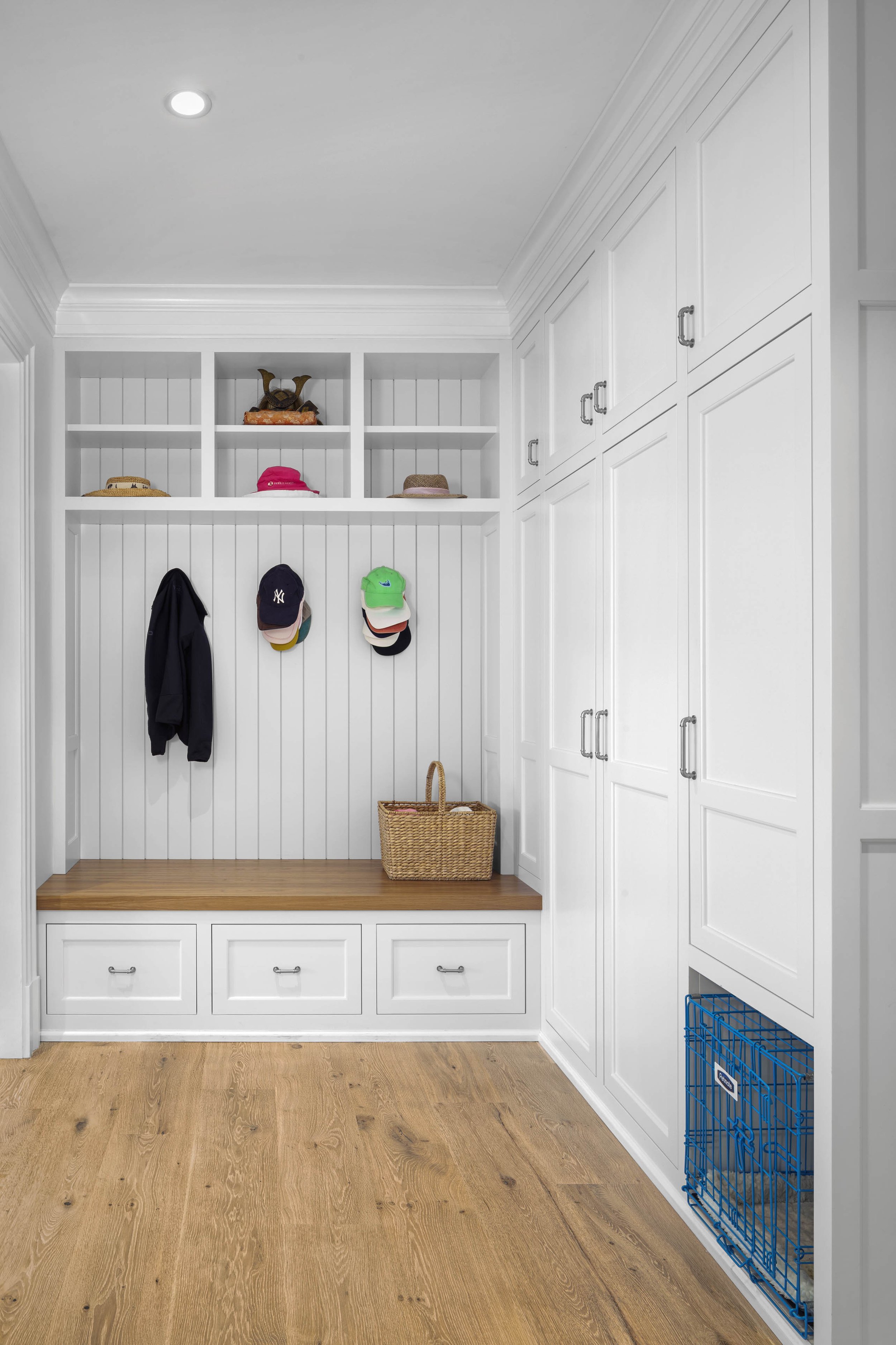 Mudroom and built in pet crate.