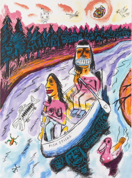 Jim Denomie, Canoe Series, One of 12 monoprints with oil pastel handwork on Rives BFK white. Paper size: 30” x 22 3/8”. Image size: 30” x 22 3/8”. Collaborating printer Frank Janzen, TMP.