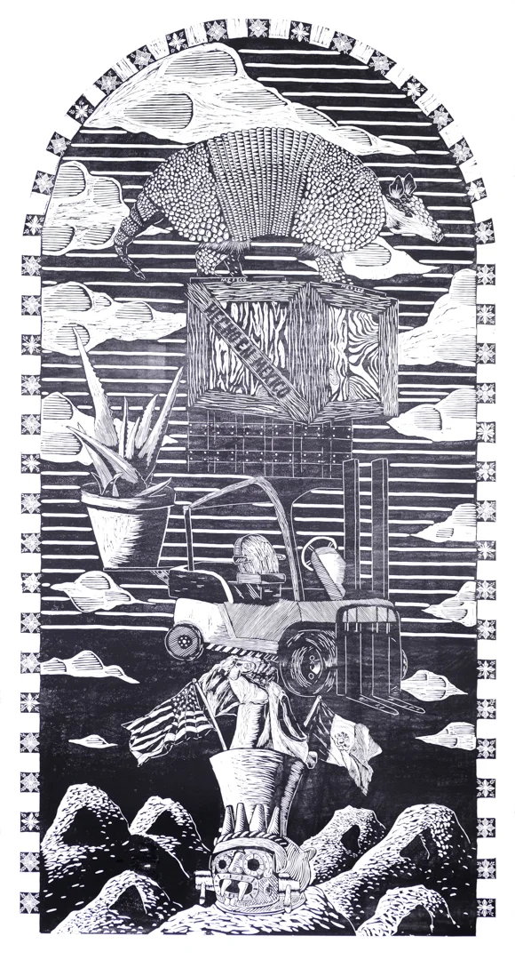 Illegal Human, woodcut, 8 x 4 ft, 2019