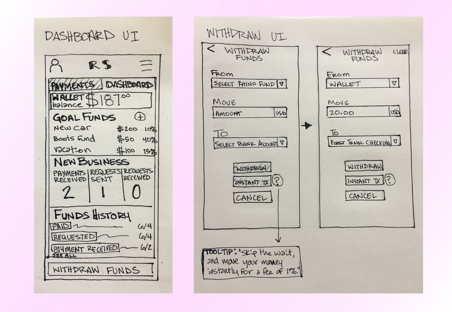 Wireframes for Dashboard UI and Withdraw UI