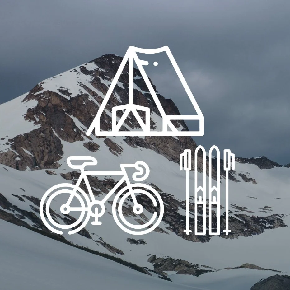 Line icons of a tent, bicycle, skis, and trekking poles over a mountain landscape with snow and rocky peaks.