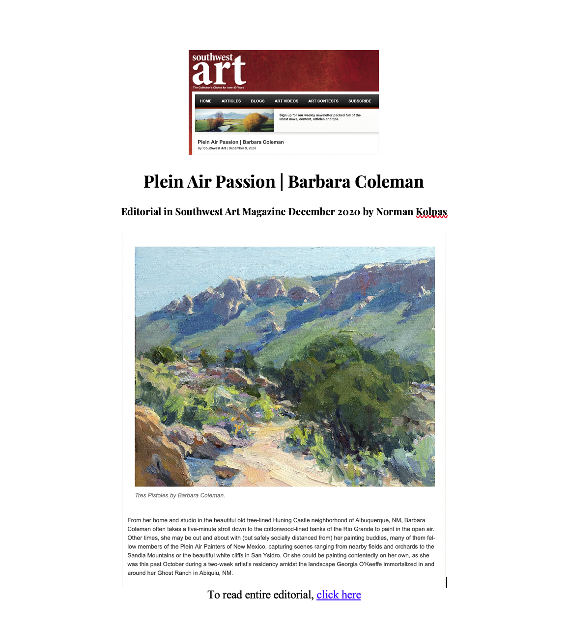 Southwest Art, Plein Air Passion Editorial, December 2020
