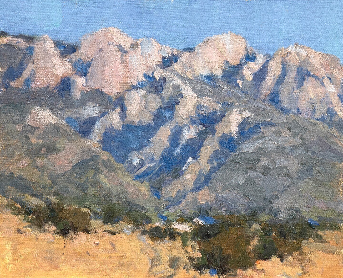 &quot;Edging Toward Twilight&quot;, 8x10, oil. This is a plein air of the Sandia Mountains on a very cold day this winter. My hands and feet froze, even with layers of warm clothing. Great fun though, hiking up an arroyo to set up and be inspired by 