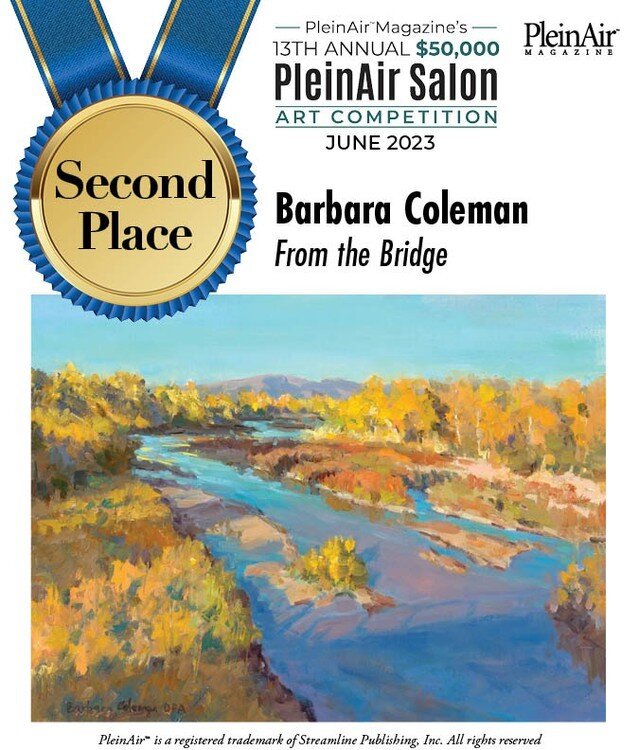 I am so excited to share this news!
The 13th Annual PleinAir Salon Art Competition has announced its monthly winners for the June Competition. Barbara Coleman has been selected as the Second Place Overall winner with their painting titled, &ldquo;Fr