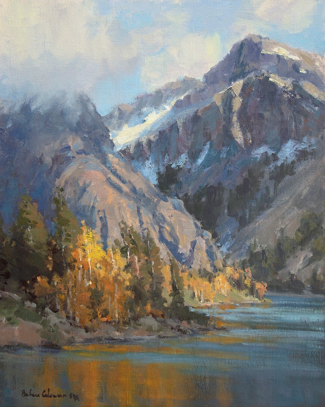 &quot;A Moody Morning&quot; is a 20x16 oil painting of the serene Louie Lake, nestled near McCall, Idaho. I used artistic license to infuse the scene with a touch of mystery, as the pine forest partially obscured the view of the majestic cliffs from 