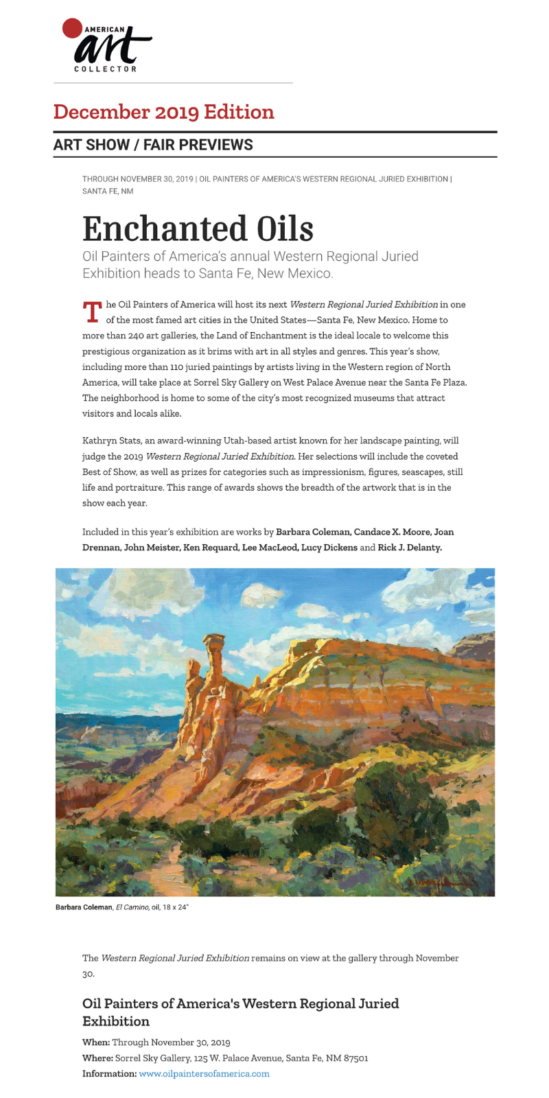 American Art Collector Enchanted Oils | Barbara Coleman 2019