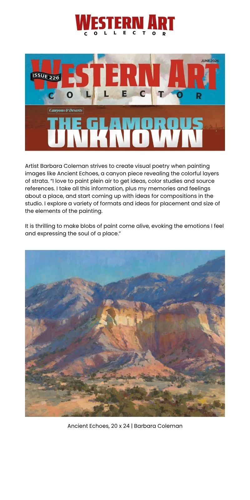 Western Art Collector Canyons & Deserts June 2026 featuring artist Barbara Coleman